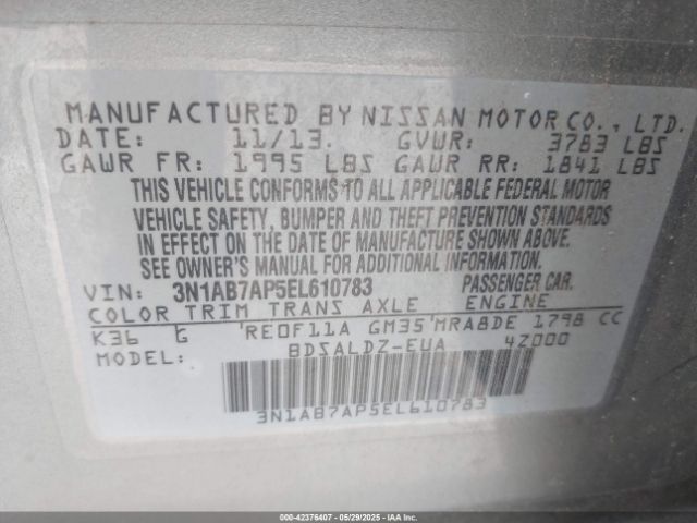 3N1AB7AP5EL610783 Nissan SENTRA SV