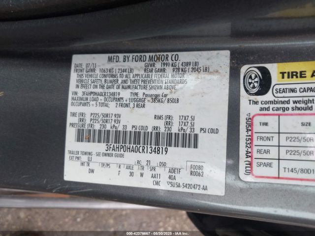 2012 FORD FUSION 3FAHP0HA0CR134819 Photo 8