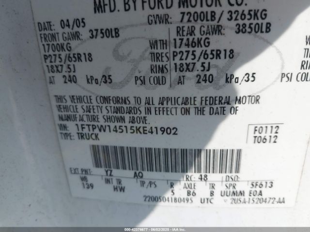 2005 FORD F-150 1FTPW14515KE41902 Photo 8
