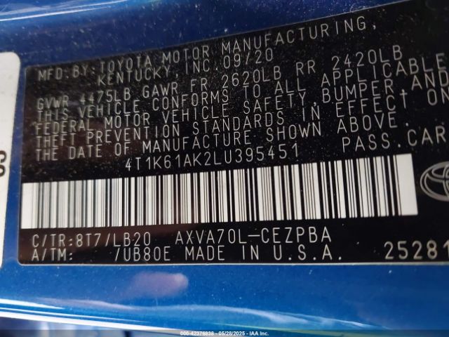 2020 TOYOTA CAMRY 4T1K61AK2LU395451 Photo 8