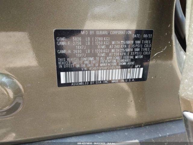 2023 SUBARU OUTBACK 4S4BTGPD0P3105398 Photo 8