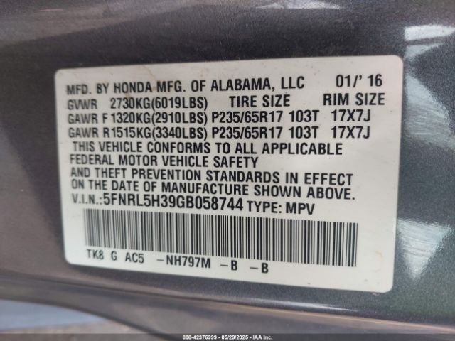 2016 HONDA ODYSSEY 5FNRL5H39GB058744 Photo 8