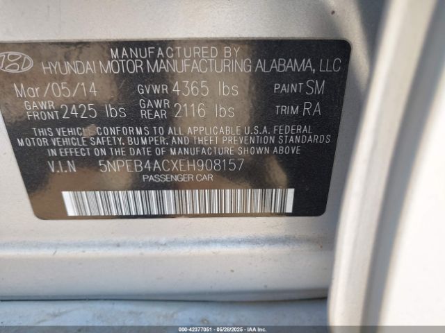5NPEB4ACXEH908157 Hyundai SONATA GLS