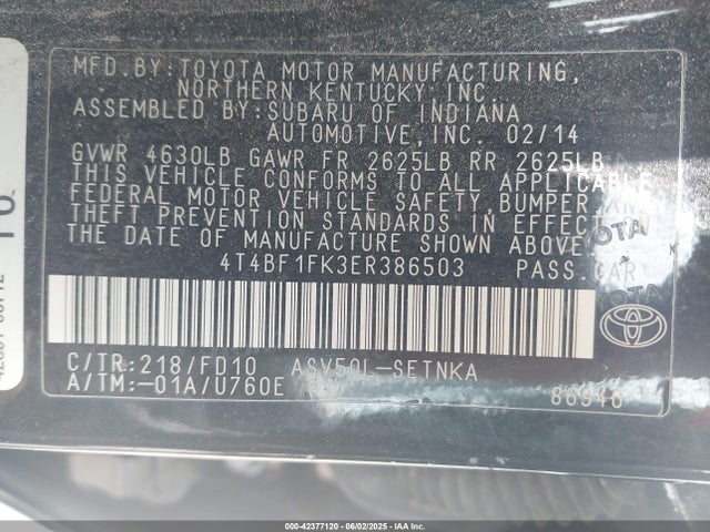 4T4BF1FK3ER386503 Toyota Camry L/le/se/se Sport/xle