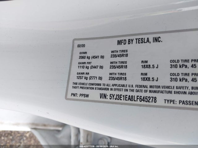 2020 TESLA MODEL 3 5YJ3E1EA8LF645278 Photo 8