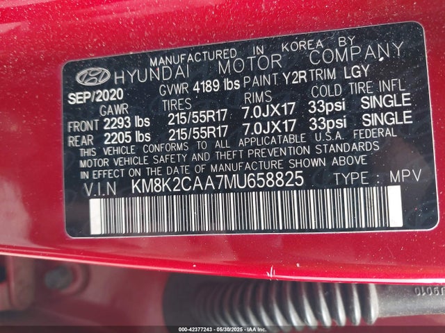KM8K2CAA7MU658825 Hyundai mpi nu