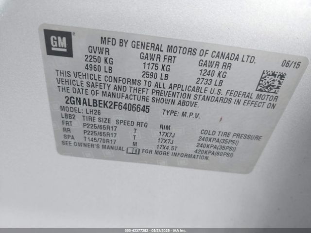 2GNALBEK2F6406645 Chevrolet EQUINOX 1LT