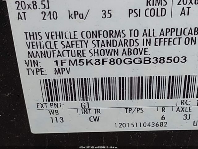 1FM5K8F80GGB38503 Ford Explorer Limited