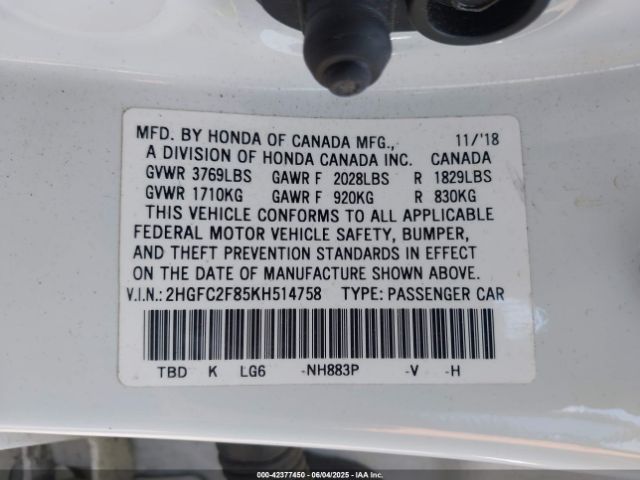 2019 HONDA CIVIC 2HGFC2F85KH514758 Photo 8