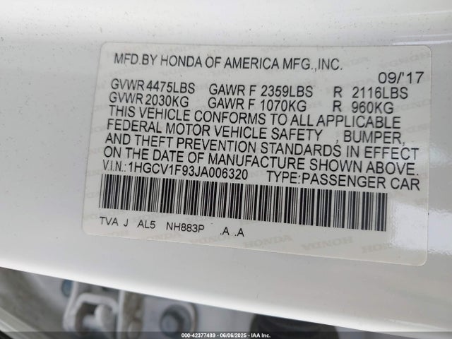 1HGCV1F93JA006320 Honda l15be