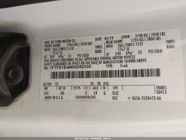 1FTFX1E44KKD52335 Ford F-150 Xlt
