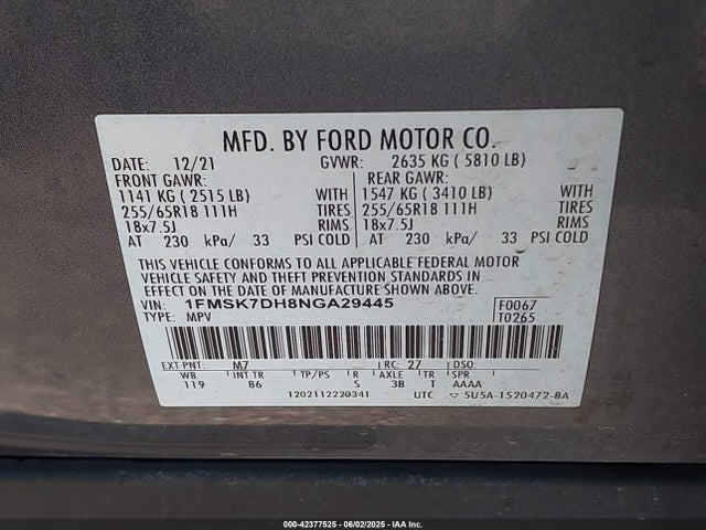 1FMSK7DH8NGA29445 Ford ecoboost