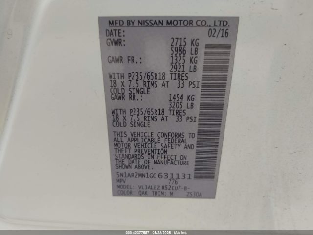 5N1AR2MN1GC631131 Nissan Pathfinder Platinum/s/sl/sv