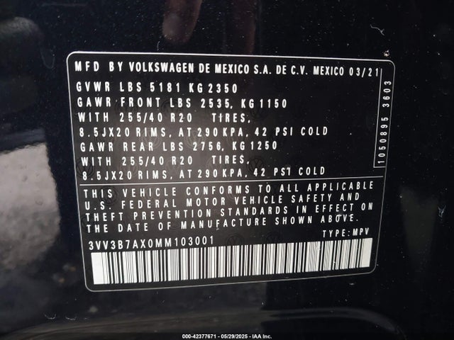 3VV3B7AX0MM103001 Volkswagen Tiguan