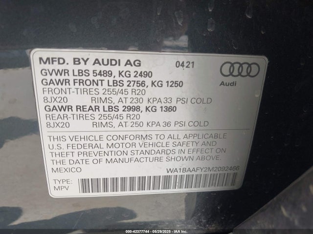 2021 AUDI Q5 WA1BAAFY2M2092466 Photo 8