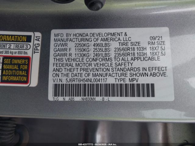 5J6RT6H54NL004117 Honda Cr-v Hybrid Ex