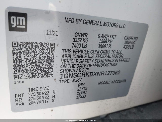 1GNSCRKDXNR127062 Chevrolet l84 - di, dfm, alum, gen 5, var 2