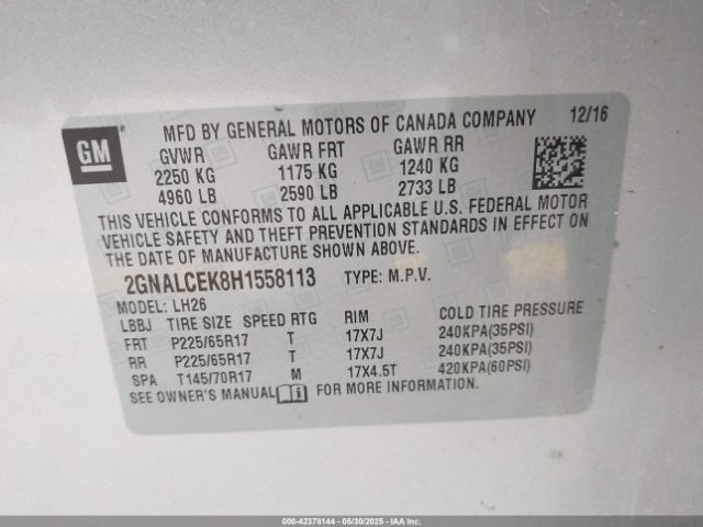 2GNALCEK8H1558113 Chevrolet EQUINOX LT