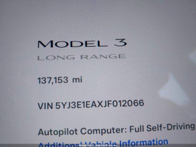 5YJ3E1EAXJF012066 Tesla Model 3 Long Range/mid Range