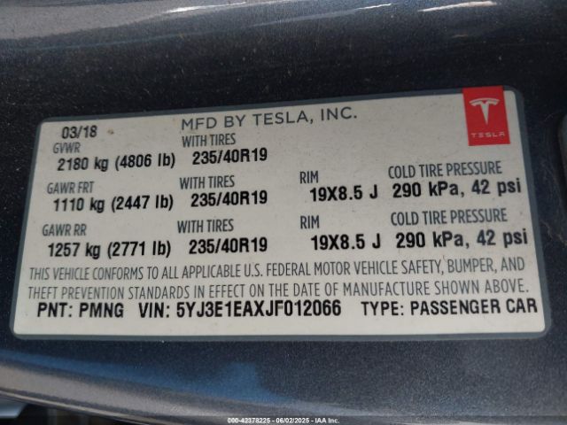 5YJ3E1EAXJF012066 Tesla Model 3 Long Range/mid Range
