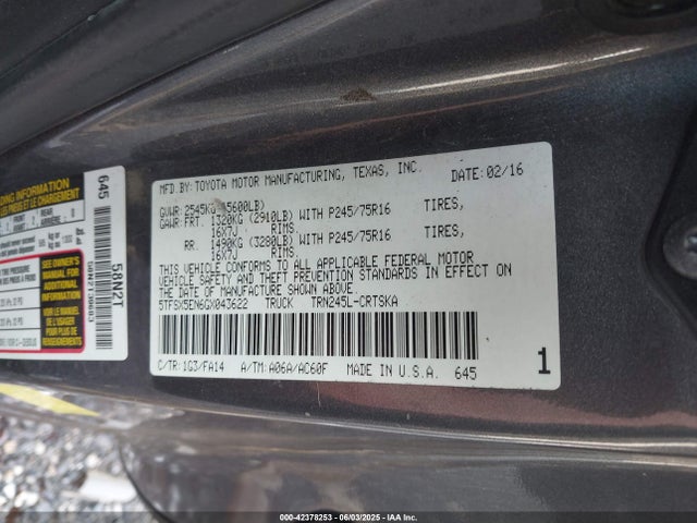 5TFSX5EN6GX043622 Toyota 2tr-fe