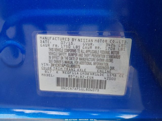 3N1CN7AP1GL806075 Nissan Versa 1.6 Sv