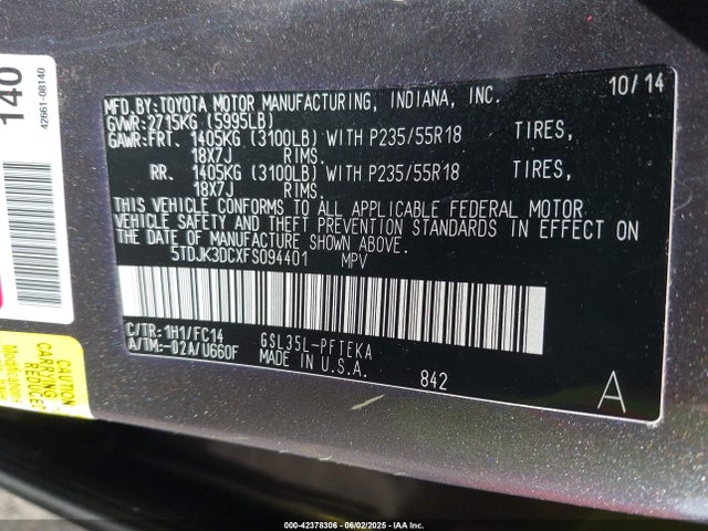 5TDJK3DCXFS094401 Toyota 2gr-fks