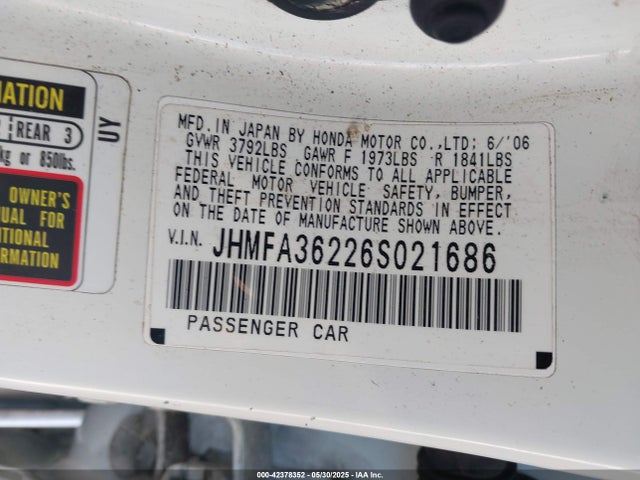 42378352 :رقم المزاد ، JHMFA36226S021686 vin ، 2006 Honda Civic Hybrid مزاد بيع