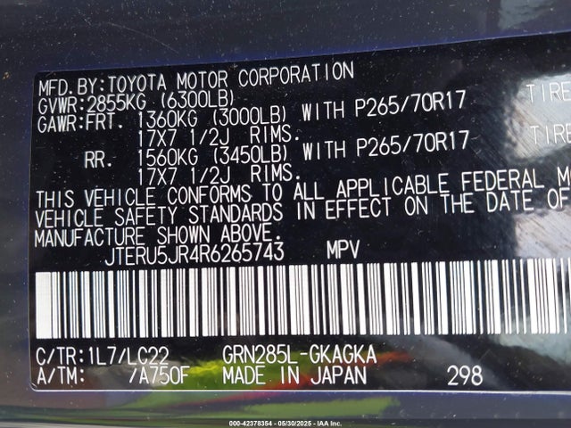 JTERU5JR4R6265743 Toyota 1gr-fe
