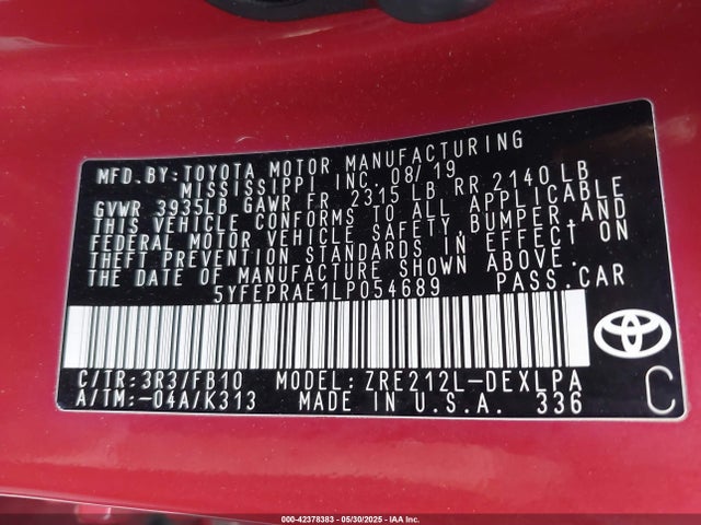 5YFEPRAE1LP054689 Toyota 2zr-fae