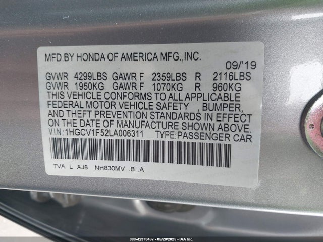 1HGCV1F52LA006311 Honda l15be