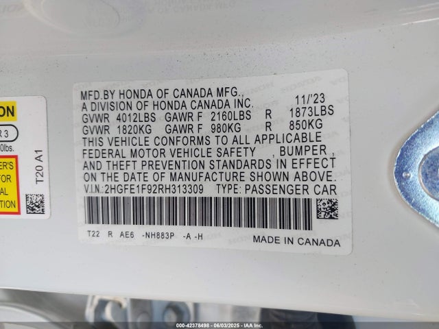 2HGFE1F92RH313309 Honda l15b7