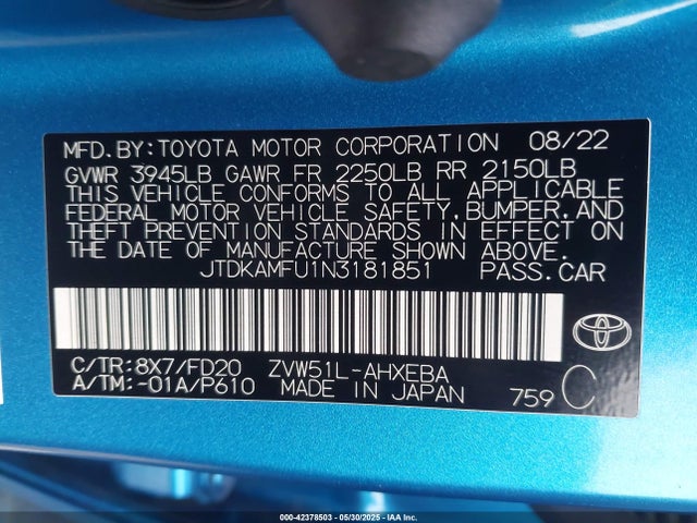 JTDKAMFU1N3181851 Toyota 2zr-fxe,1nm