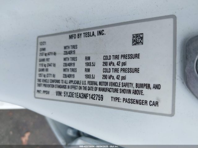 2022 TESLA MODEL 3 5YJ3E1EA3NF142759 Photo 8