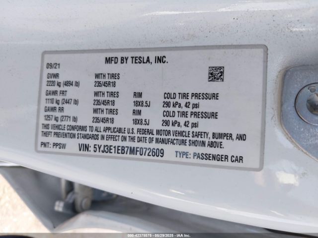 2021 TESLA MODEL 3 5YJ3E1EB7MF072609 Photo 8