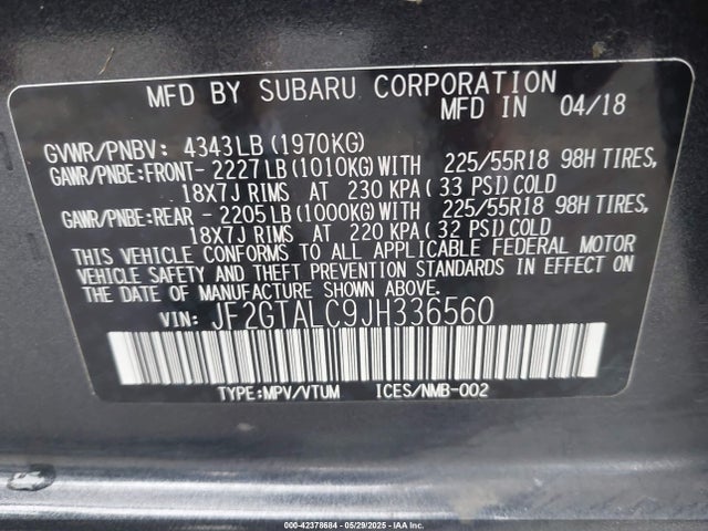Subaru naturally aspirated 2018 JF2GTALC9JH336560 Image 9