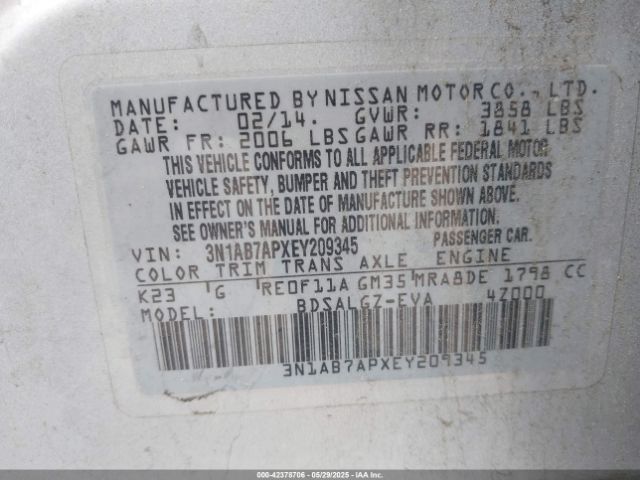 3N1AB7APXEY209345 Nissan Sentra S/sv/sr/sl