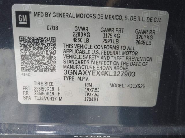 3GNAXYEX4KL127903 Chevrolet ltg - spark ignited direct injection, alum dohc, variable valve timing, dcvcp turbo, e0-e100, alum