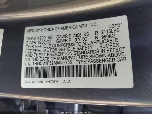 1HGCV1F52MA052755 Honda Accord Ex-l