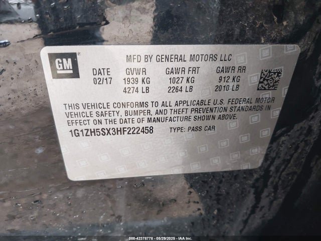 1G1ZH5SX3HF222458 Chevrolet ltg - sidi: spark ignited direct injection, vvt: variable valve timing, alum dohc, dcvcp turbo, e0-e100, alum