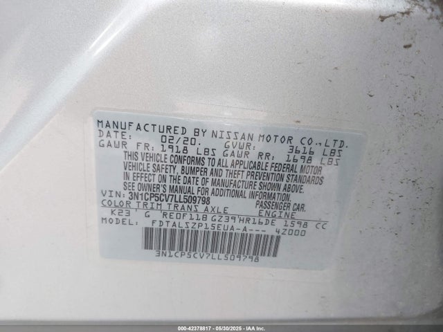 42378817 :رقم المزاد ، 3N1CP5CV7LL509798 vin ، 2020 Nissan Kicks Sv Xtronic Cvt مزاد بيع