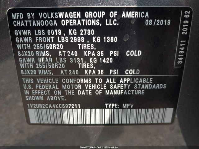 2019 VOLKSWAGEN ATLAS 1V2UR2CA4KC597211 Photo 8