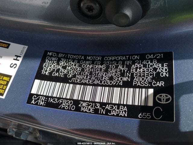 JTDEAMDE4MJ030974 Toyota 2zr-fxe, 1nm