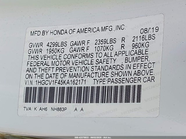 1HGCV1F45KA162171 Honda l15be