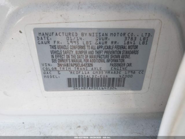 3N1AB7AP5EL642326 Nissan Sentra Fe+ S/fe+ Sv/s/sl/sr/sv