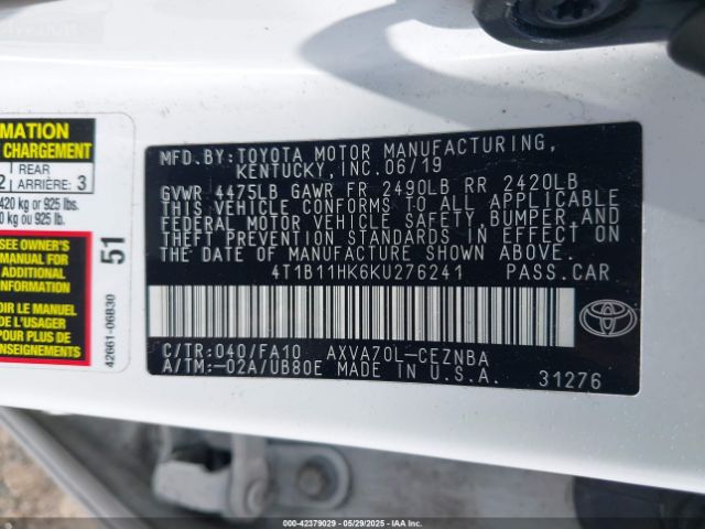 2019 TOYOTA CAMRY 4T1B11HK6KU276241 Photo 8