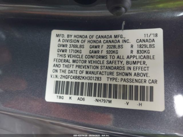 2019 HONDA CIVIC 2HGFC4B82KH301283 Photo 8