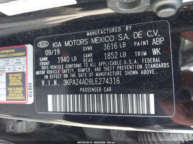 3KPA24AD9LE274316 KIA RIO LX