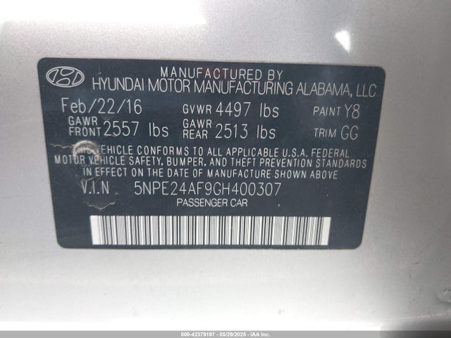 5NPE24AF9GH400307 Hyundai dohc gdi theta-ii