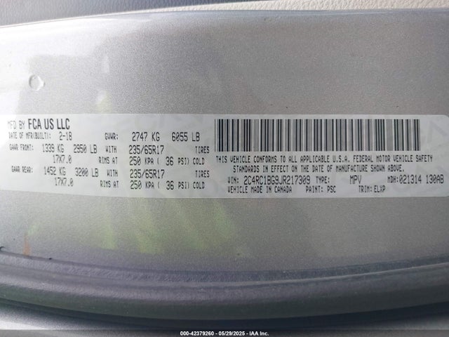 Продажа на аукционе авто 2018 Chrysler Pacifica Touring L, vin: 2C4RC1BG9JR217309, номер лота: 42379260